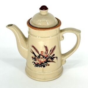 Vintage Ceramic Teapot 9" Tall Floral What Design Tan Brown Lid Taiwan Farmhouse